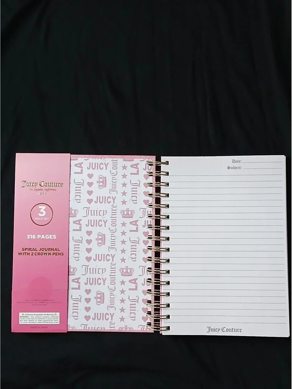 Juicy Couture Pink Gold Spiral Journal 2 Crown Pens 316 Pages Gift Set NWT